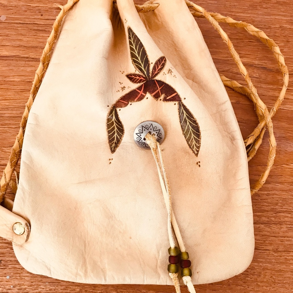 Handcrafted Light Tan Leather Crossbody Bag with Boho Bead Detail